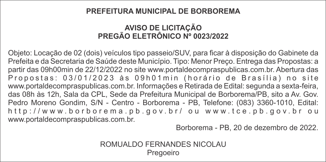 PREFEITURA MUNICIPAL DE BORBOREMA – AVISO DE LICITAÇÃO – PREGÃO ELETRÔNICO Nº 0023/2022