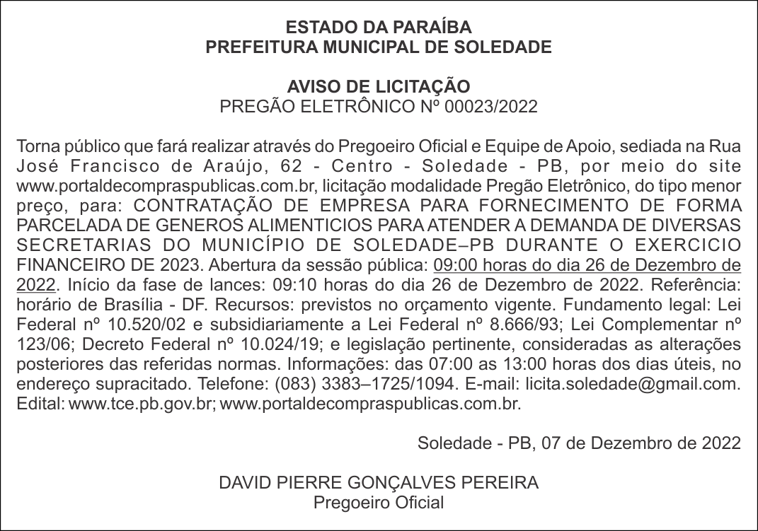 PREFEITURA MUNICIPAL DE SOLEDADE – AVISO DE LICITAÇÃO – PREGÃO ELETRÔNICO Nº 00023/2022