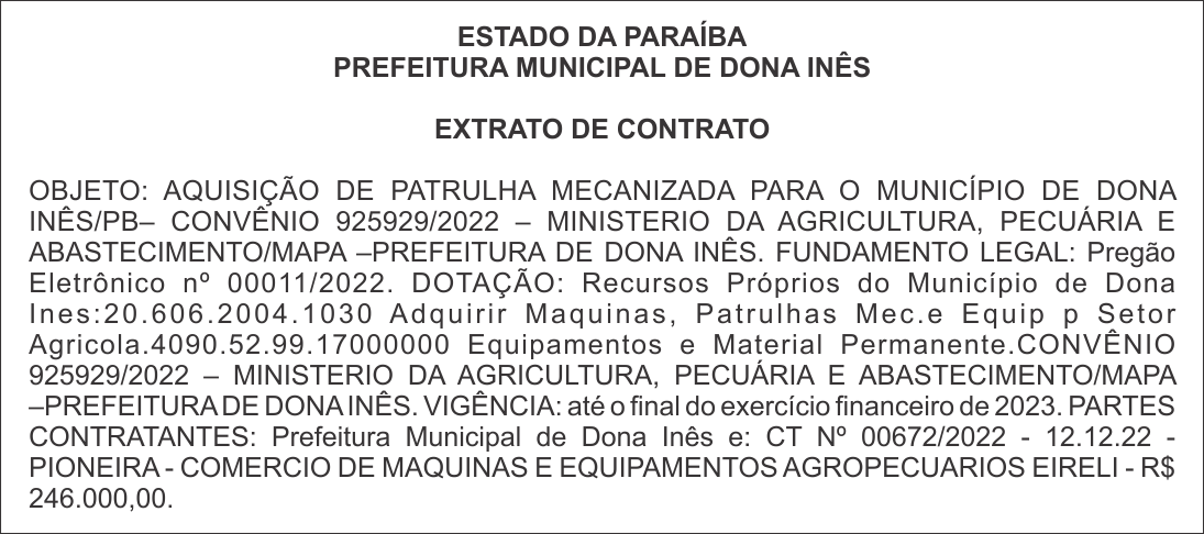 PREFEITURA MUNICIPAL DE DONA INÊS – EXTRATO DE CONTRATO