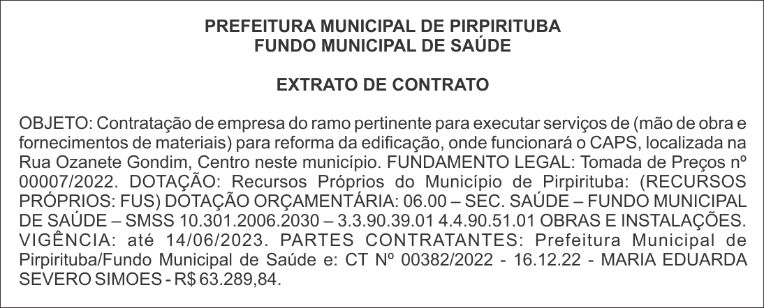 PREFEITURA MUNICIPAL DE PIRPIRITUBA – FUNDO MUNICIPAL DE SAÚDE – EXTRATO DE CONTRATO
