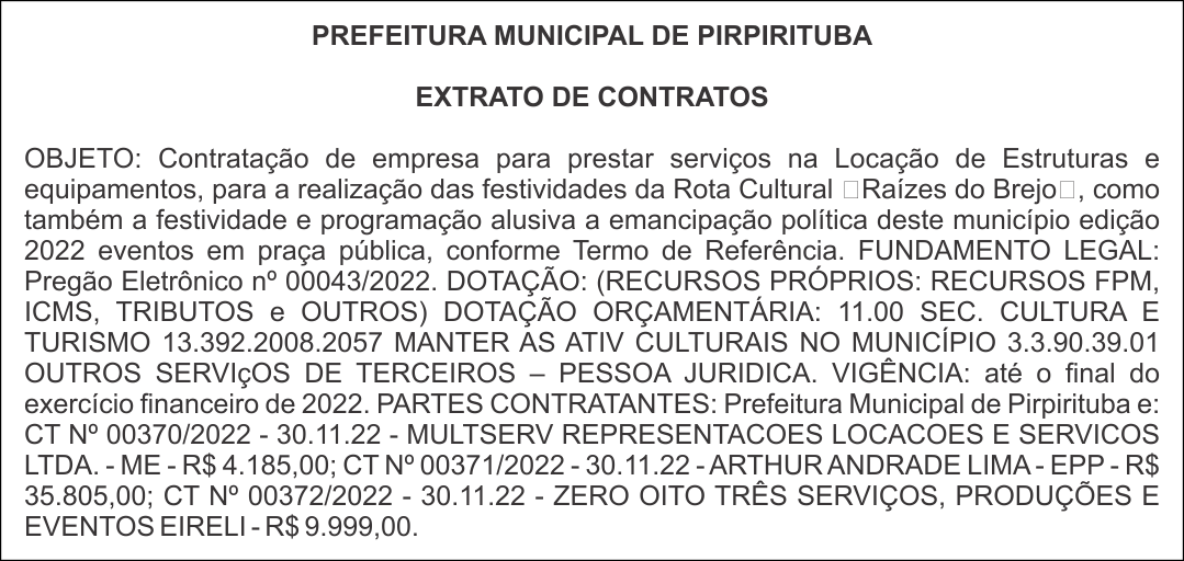 PREFEITURA MUNICIPAL DE PIRPIRITUBA – EXTRATO DE CONTRATOS