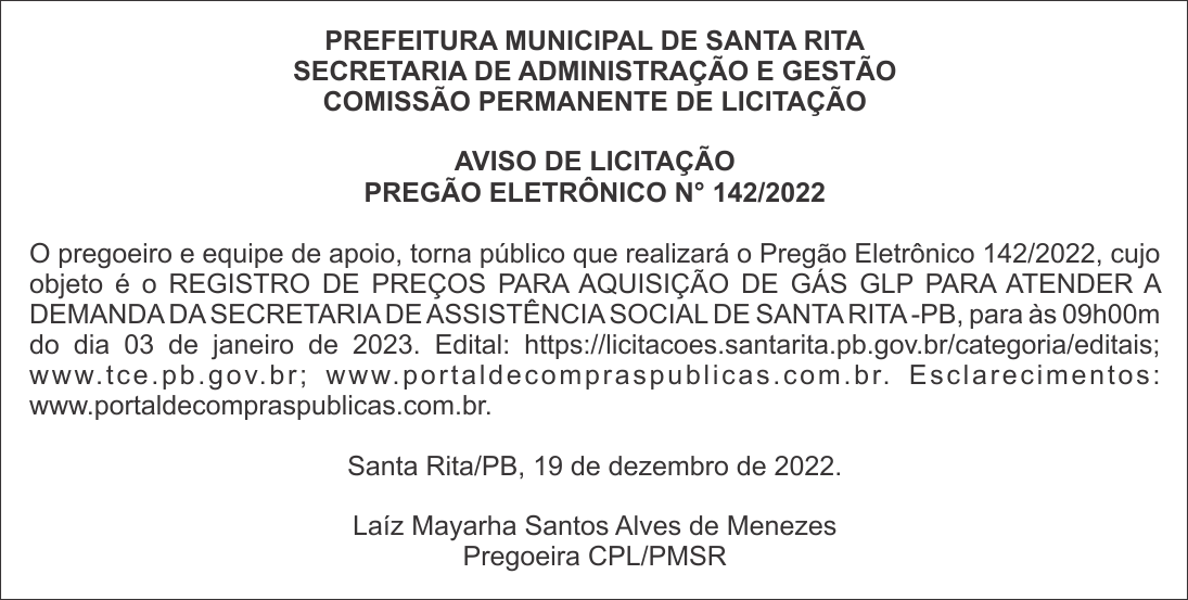 PREFEITURA MUNICIPAL DE SANTA RITA – AVISO DE LICITAÇÃO – PREGÃO ELETRÔNICO N° 142/2022