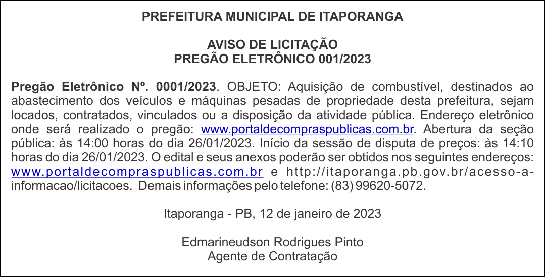 PREFEITURA MUNICIPAL DE ITAPORANGA – AVISO DE LICITAÇÃO – PREGÃO ELETRÔNICO 001/2023
