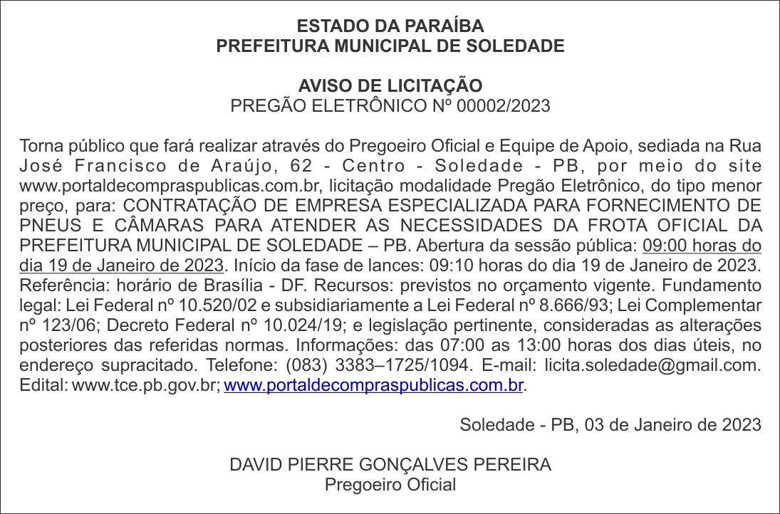 PREFEITURA MUNICIPAL DE SOLEDADE – AVISO DE LICITAÇÃO – PREGÃO ELETRÔNICO Nº 00002/2023