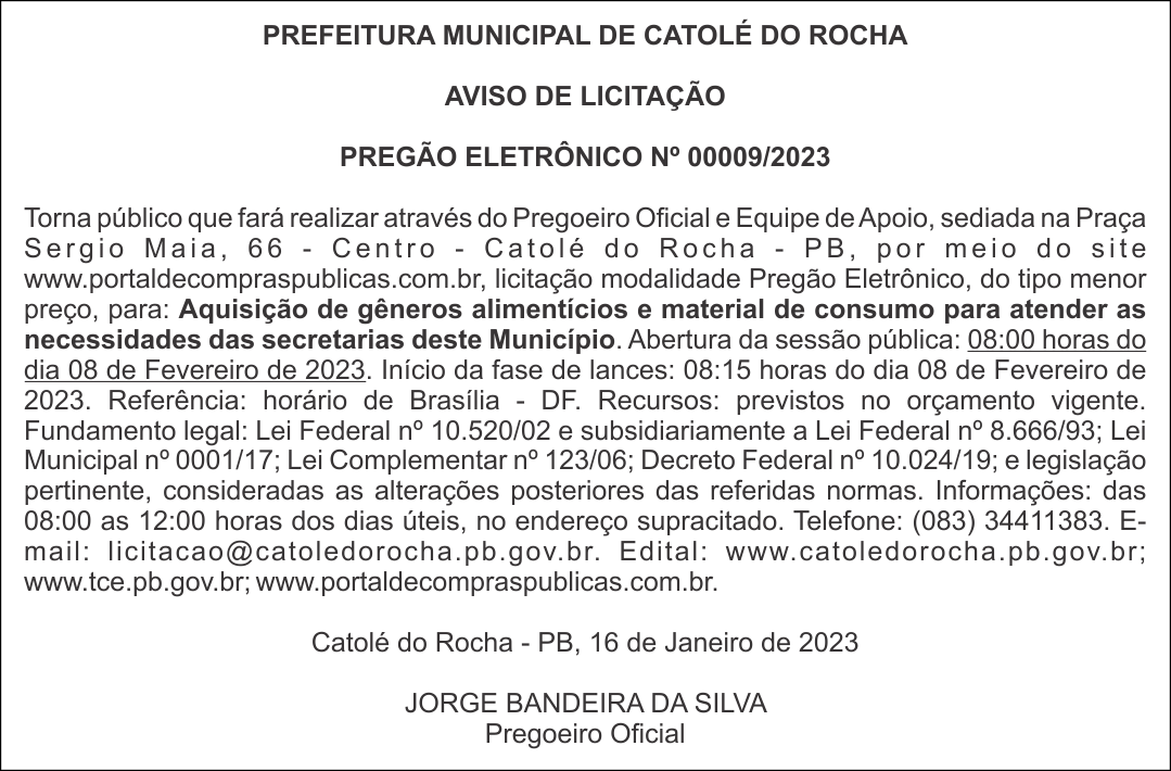 Prefeitura Municipal De CatolÉ Do Rocha Aviso De LicitaÇÃo PregÃo EletrÔnico Nº 000092023 1551