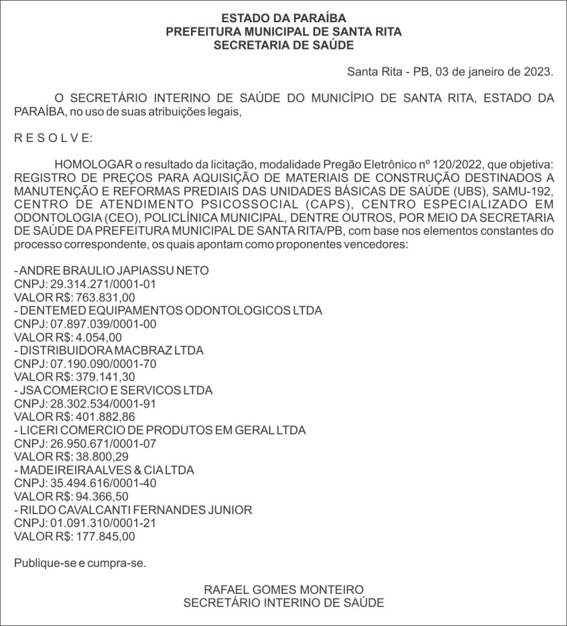 PREFEITURA MUNICIPAL DE SANTA RITA – HOMOLOGAÇÃO – PREGÃO ELETRÔNICO Nº 120/2022