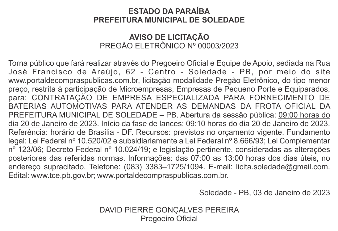 PREFEITURA MUNICIPAL DE SOLEDADE – AVISO DE LICITAÇÃO – PREGÃO ELETRÔNICO Nº 00003/2023