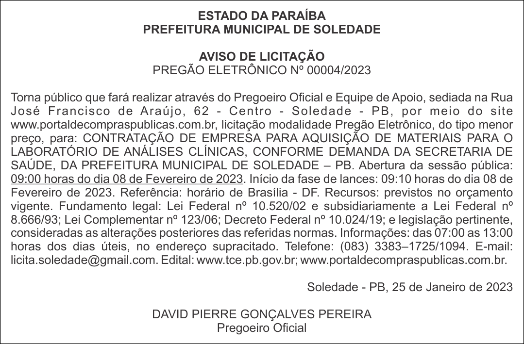 PREFEITURA MUNICIPAL DE SOLEDADE – AVISO DE LICITAÇÃO – PREGÃO ELETRÔNICO Nº 00004/2023