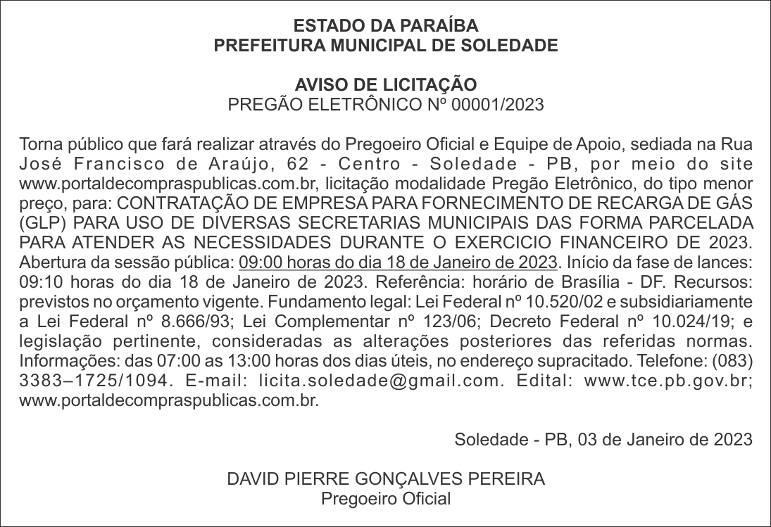PREFEITURA MUNICIPAL DE SOLEDADE – AVISO DE LICITAÇÃO – PREGÃO ELETRÔNICO Nº 00001/2023