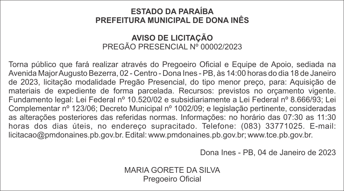 PREFEITURA MUNICIPAL DE DONA INÊS – AVISO DE LICITAÇÃO – PREGÃO PRESENCIAL Nº 00002/2023