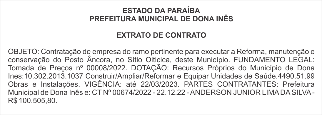 PREFEITURA MUNICIPAL DE DONA INÊS – EXTRATO DE CONTRATO