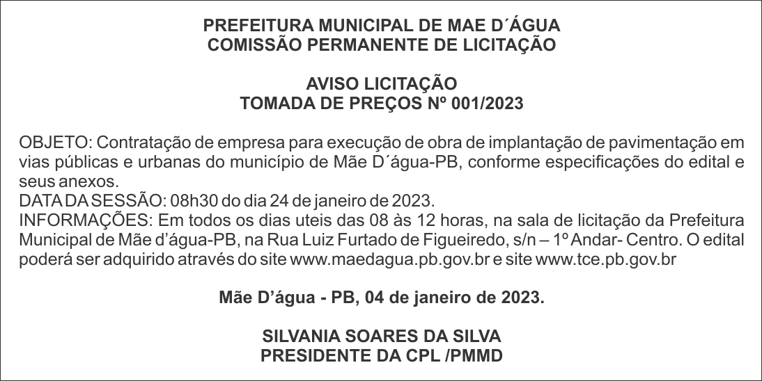 PREFEITURA MUNICIPAL DE MAE D´ÁGUA – AVISO LICITAÇÃO – TOMADA DE PREÇOS Nº 001/2023