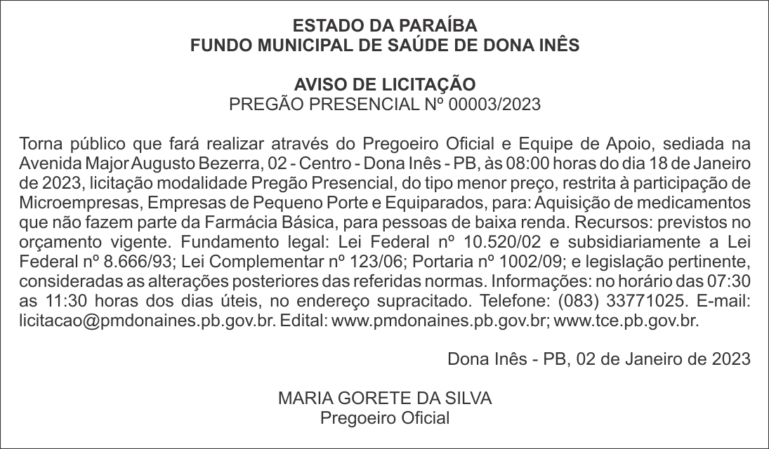 FUNDO MUNICIPAL DE SAÚDE DE DONA INÊS – AVISO DE LICITAÇÃO – PREGÃO PRESENCIAL Nº 00003/2023