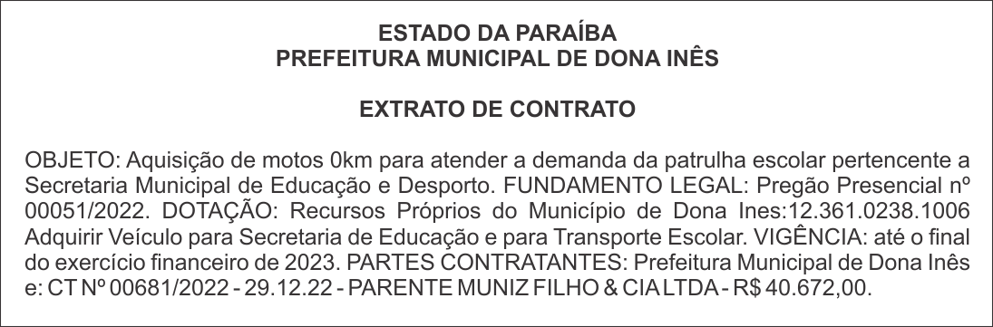 PREFEITURA MUNICIPAL DE DONA INÊS – EXTRATO DE CONTRATO