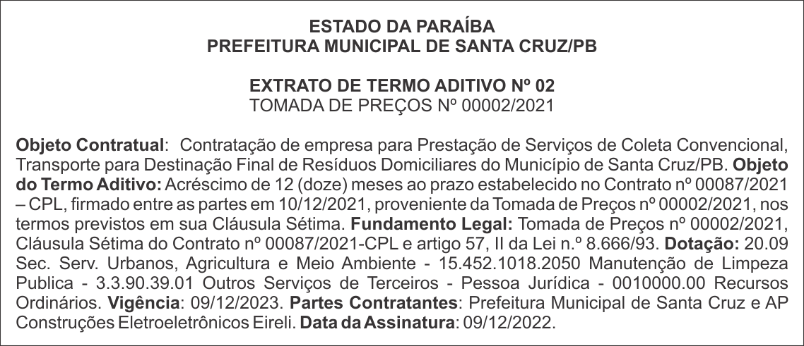 PREFEITURA MUNICIPAL DE SANTA CRUZ – EXTRATO DE TERMO ADITIVO Nº 02 – TOMADA DE PREÇOS Nº 00002/2021