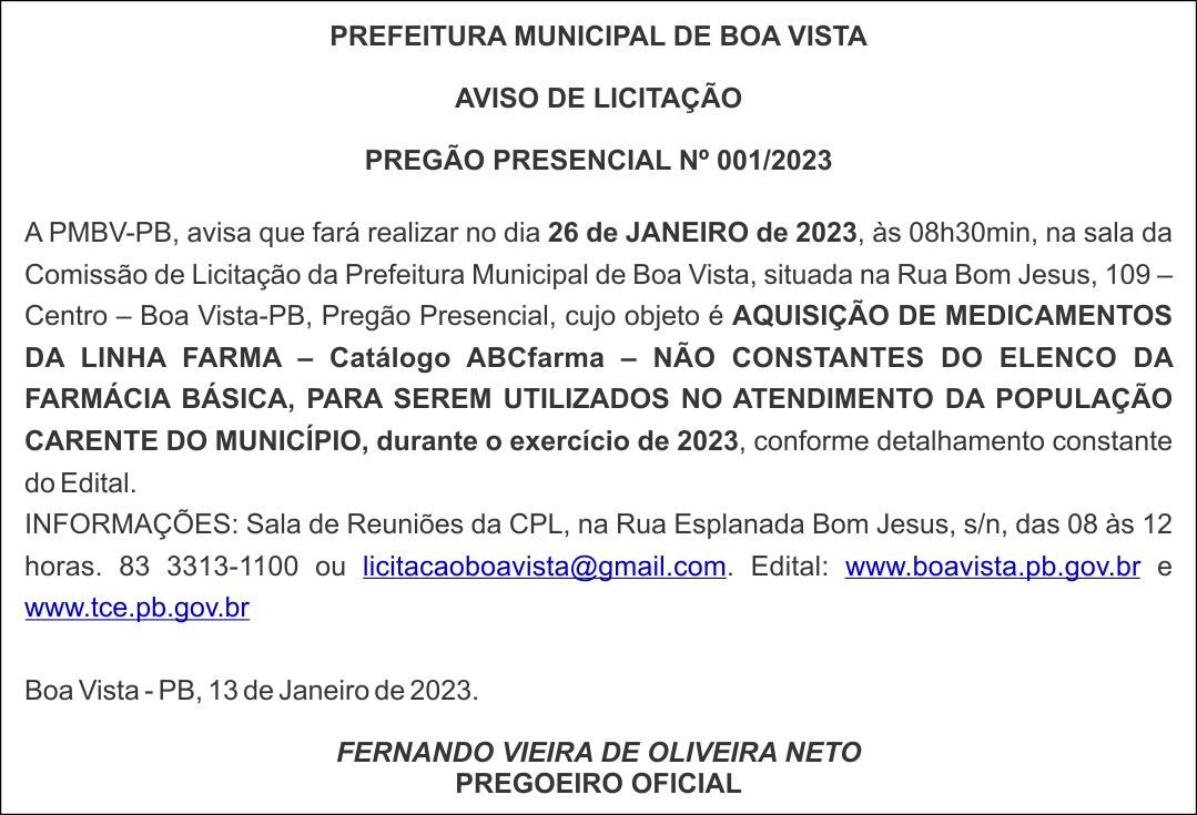 Prefeitura Municipal De Boa Vista Aviso De LicitaÇÃo PregÃo Presencial Nº 0012023 Portal 7828