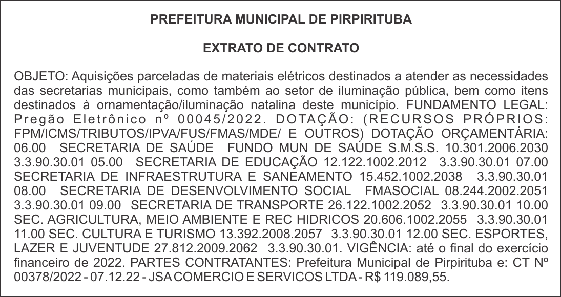 PREFEITURA MUNICIPAL DE PIRPIRITUBA – EXTRATO DE CONTRATO