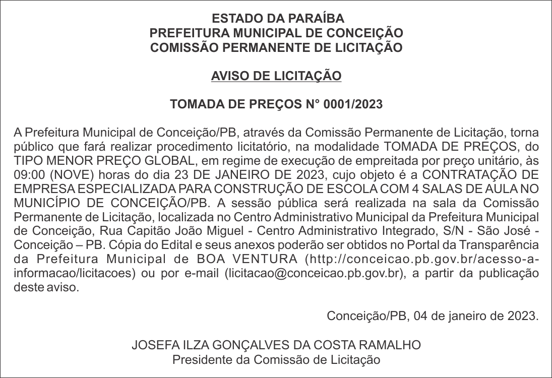 PREFEITURA MUNICIPAL DE CONCEIÇÃO – AVISO DE LICITAÇÃO – TOMADA DE PREÇOS N° 0001/2023