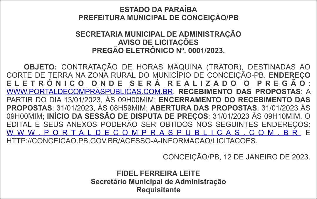 PREFEITURA MUNICIPAL DE CONCEIÇÃO/PB – AVISO DE LICITAÇÕES – PREGÃO ELETRÔNICO Nº. 0001/2023