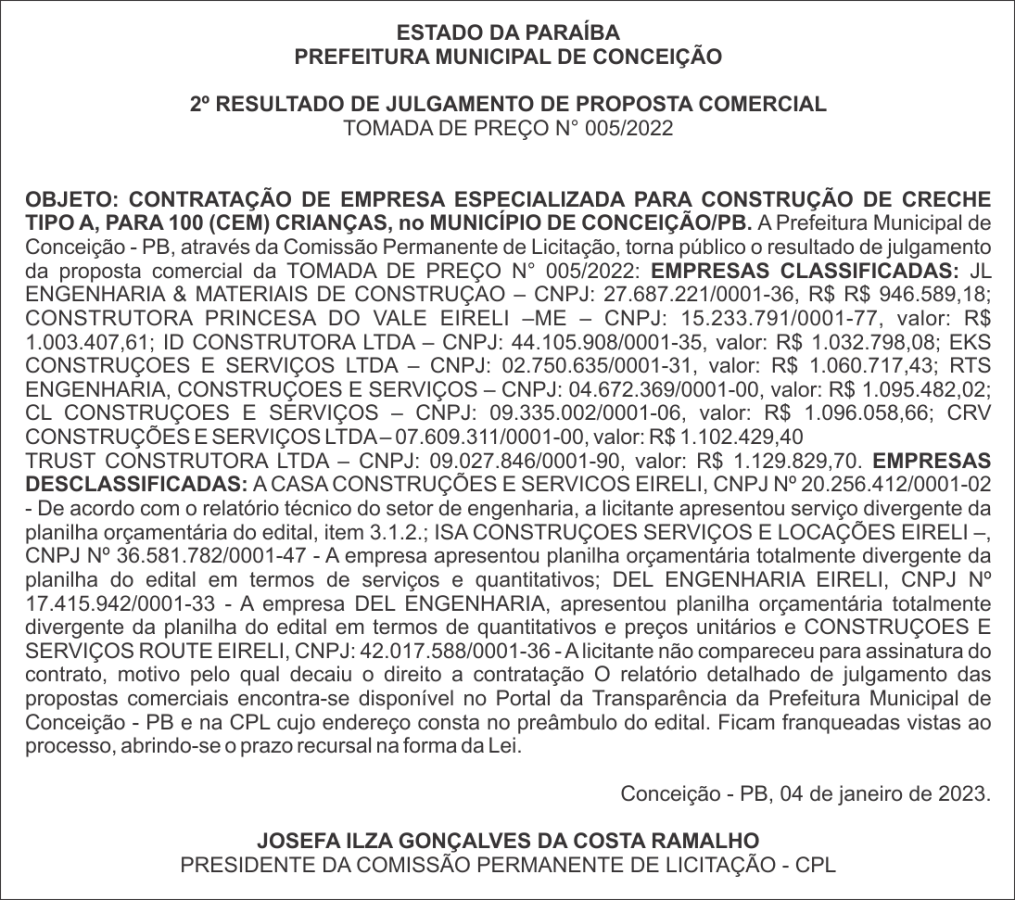 PREFEITURA MUNICIPAL DE CONCEIÇÃO – 2º RESULTADO DE JULGAMENTO DE PROPOSTA COMERCIAL – TOMADA DE PREÇO N° 005/2022