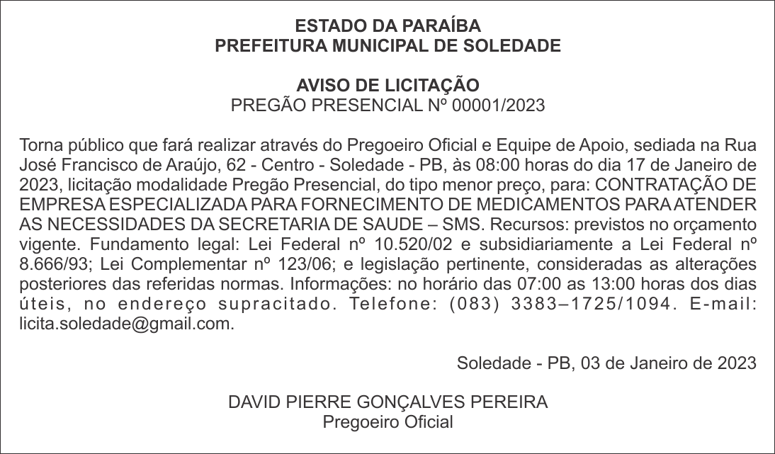 PREFEITURA MUNICIPAL DE SOLEDADE – AVISO DE LICITAÇÃO – PREGÃO PRESENCIAL Nº 00001/2023