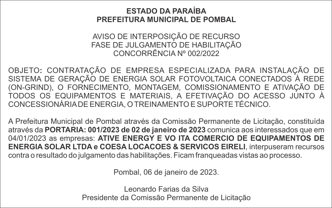 PREFEITURA MUNICIPAL DE POMBAL – AVISO DE INTERPOSIÇÃO DE RECURSO – CONCORRÊNCIA Nº 002/2022