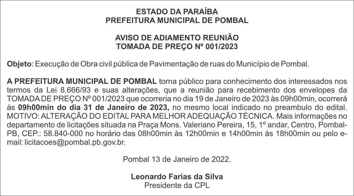 PREFEITURA MUNICIPAL DE POMBAL – AVISO DE ADIAMENTO REUNIÃO – TOMADA DE PREÇO Nº 001/2023