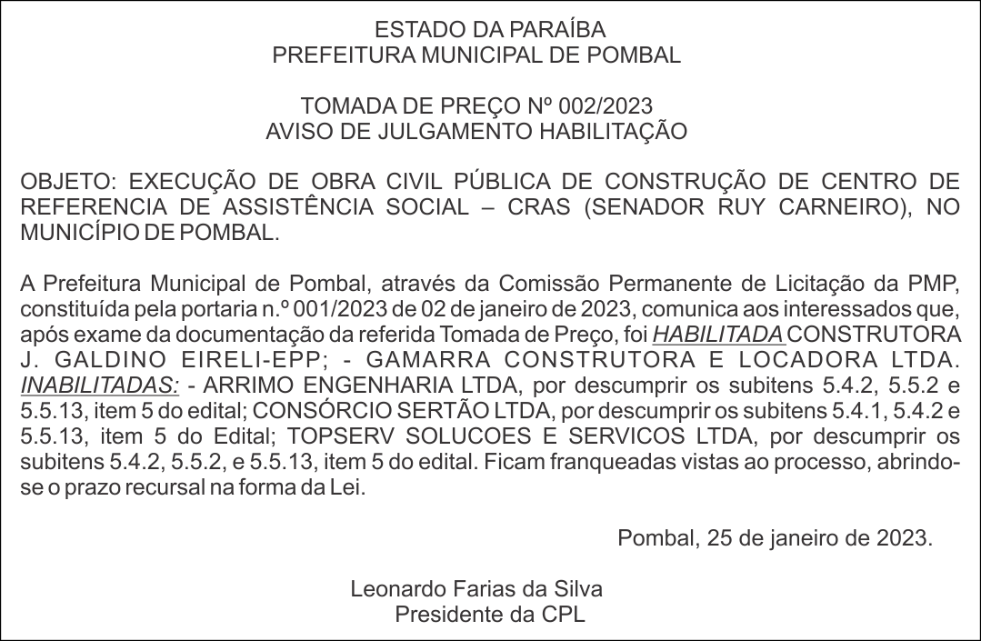 PREFEITURA MUNICIPAL DE POMBAL – TOMADA DE PREÇO Nº 002/2023 – AVISO DE JULGAMENTO/HABILITAÇÃO