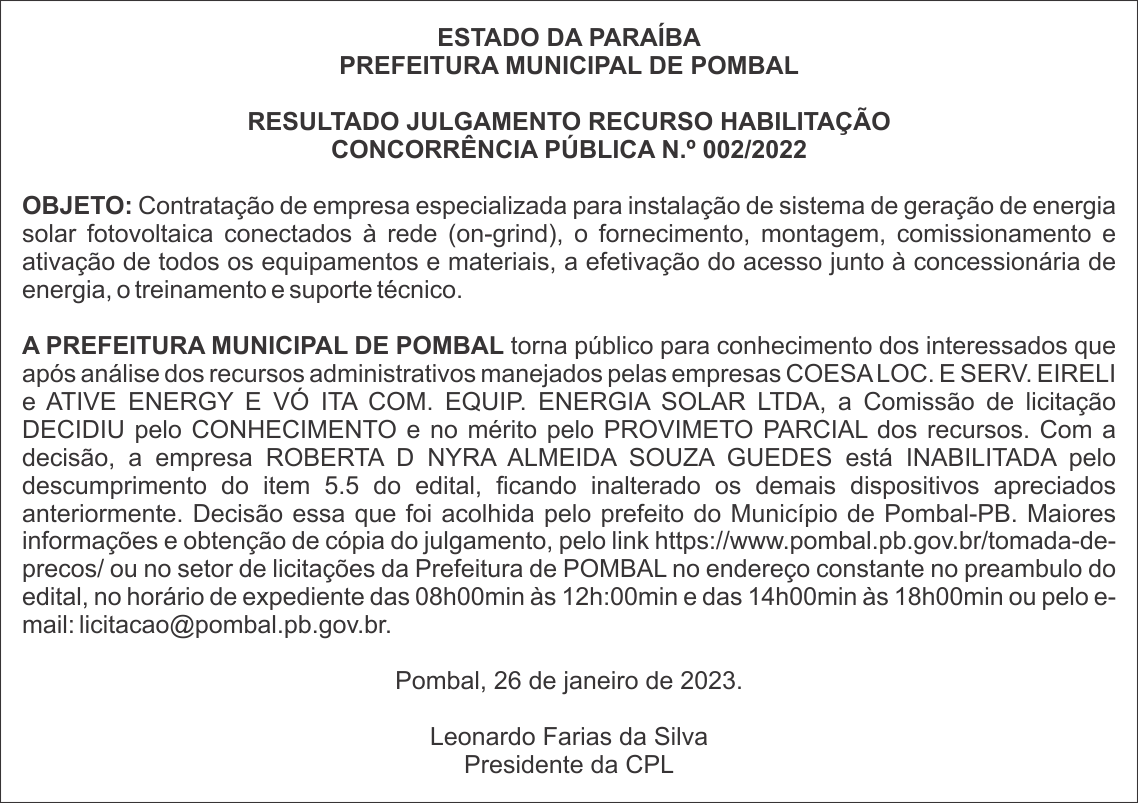 PREFEITURA MUNICIPAL DE POMBAL – RESULTADO JULGAMENTO RECURSO HABILITAÇÃO – CONCORRÊNCIA PÚBLICA N.º 002/2022