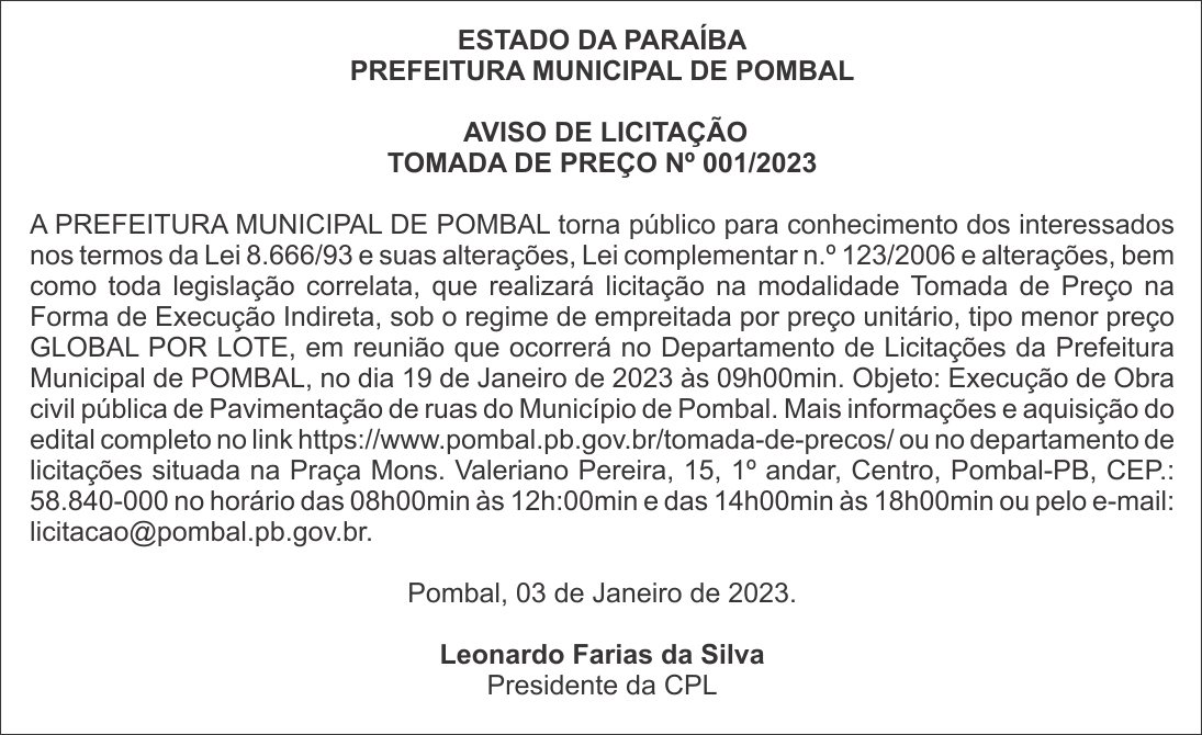PREFEITURA MUNICIPAL DE POMBAL – AVISO DE LICITAÇÃO – TOMADA DE PREÇO Nº 001/2023