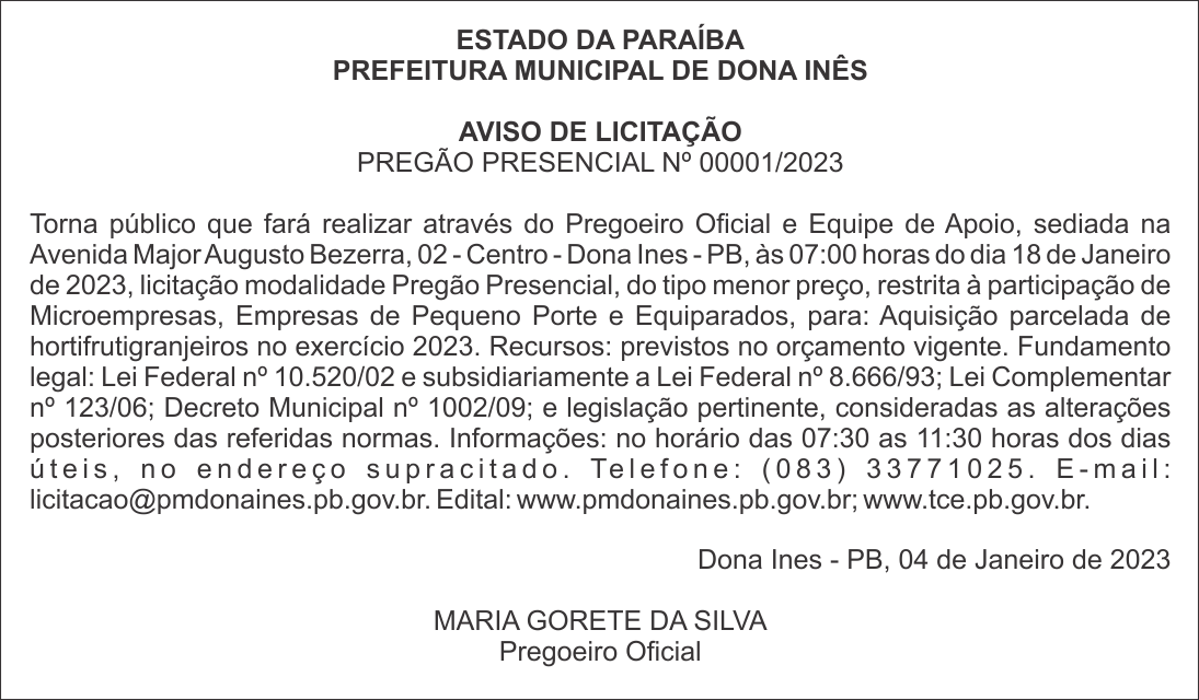 PREFEITURA MUNICIPAL DE DONA INÊS – AVISO DE LICITAÇÃO – PREGÃO PRESENCIAL Nº 00001/2023