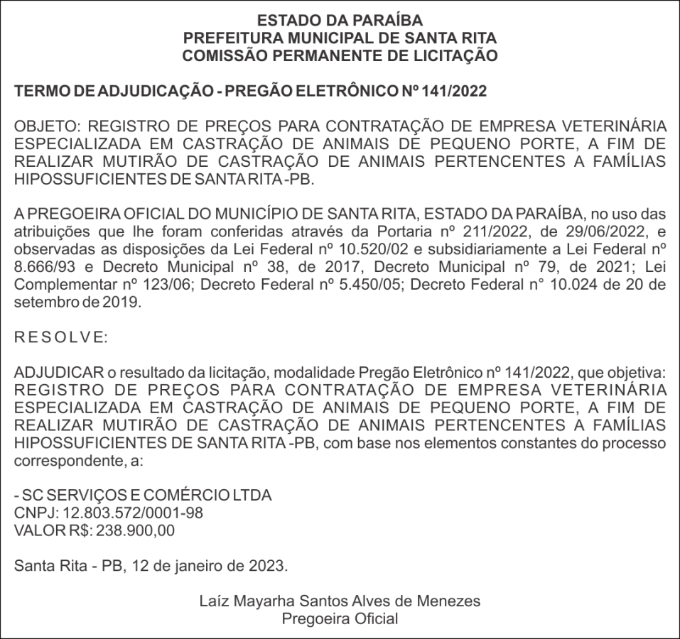 PREFEITURA MUNICIPAL DE SANTA RITA – TERMO DE ADJUDICAÇÃO – PREGÃO ELETRÔNICO Nº 141/2022
