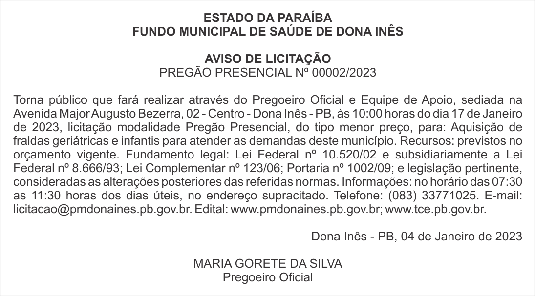FUNDO MUNICIPAL DE SAÚDE DE DONA INÊS – AVISO DE LICITAÇÃO – PREGÃO PRESENCIAL Nº 00002/2023