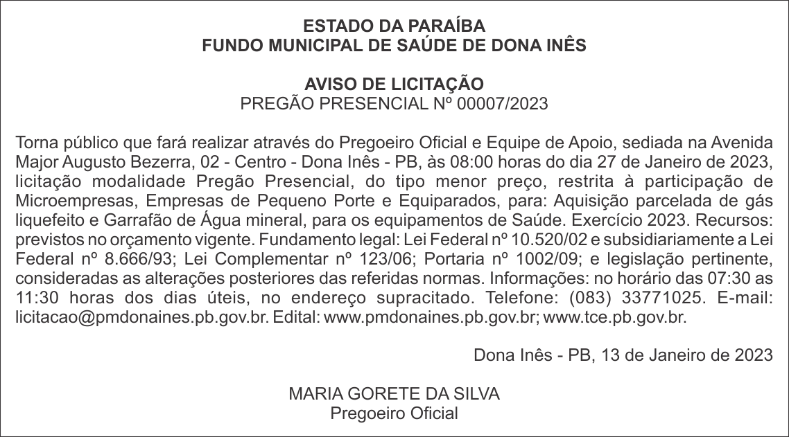 FUNDO MUNICIPAL DE SAÚDE DE DONA INÊS – AVISO DE LICITAÇÃO – PREGÃO PRESENCIAL Nº 00007/2023