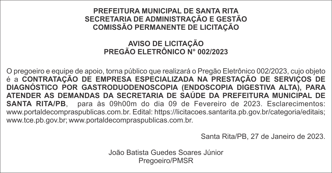 PREFEITURA MUNICIPAL DE SANTA RITA – AVISO DE LICITAÇÃO – PREGÃO ELETRÔNICO N° 002/2023