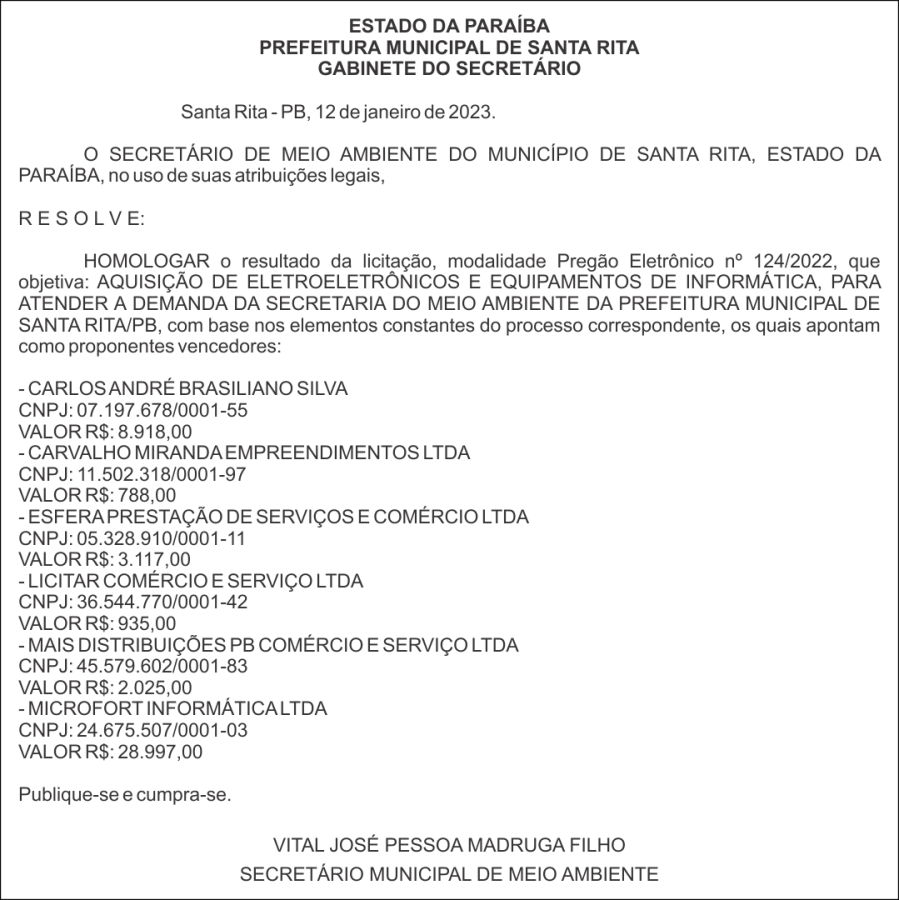 PREFEITURA MUNICIPAL DE SANTA RITA –  HOMOLOGAÇÃO – PREGÃO ELETRÔNICO Nº 124/2022