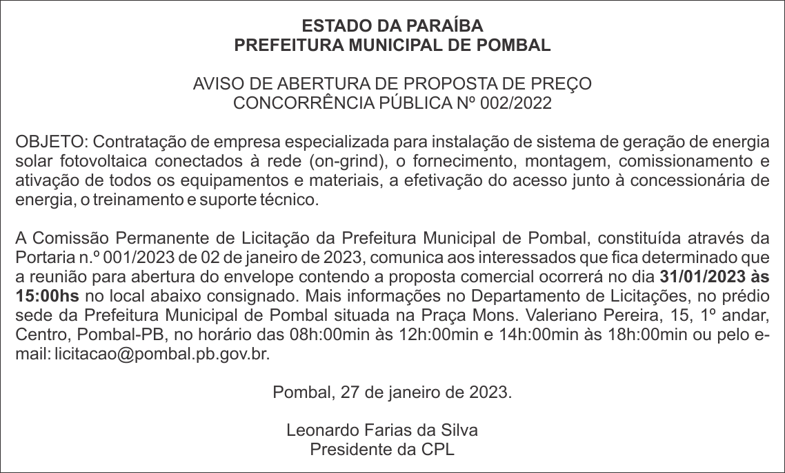 PREFEITURA MUNICIPAL DE POMBAL – AVISO DE ABERTURA DE PROPOSTA DE PREÇO – CONCORRÊNCIA PÚBLICA Nº 002/2022