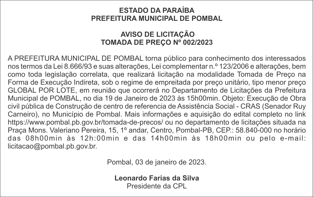 PREFEITURA MUNICIPAL DE POMBAL – AVISO DE LICITAÇÃO – TOMADA DE PREÇO Nº 002/2023
