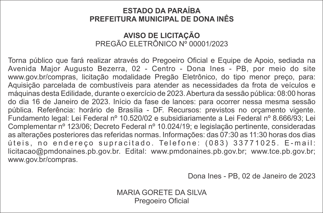 PREFEITURA MUNICIPAL DE DONA INÊS – AVISO DE LICITAÇÃO – PREGÃO ELETRÔNICO Nº 00001/2023