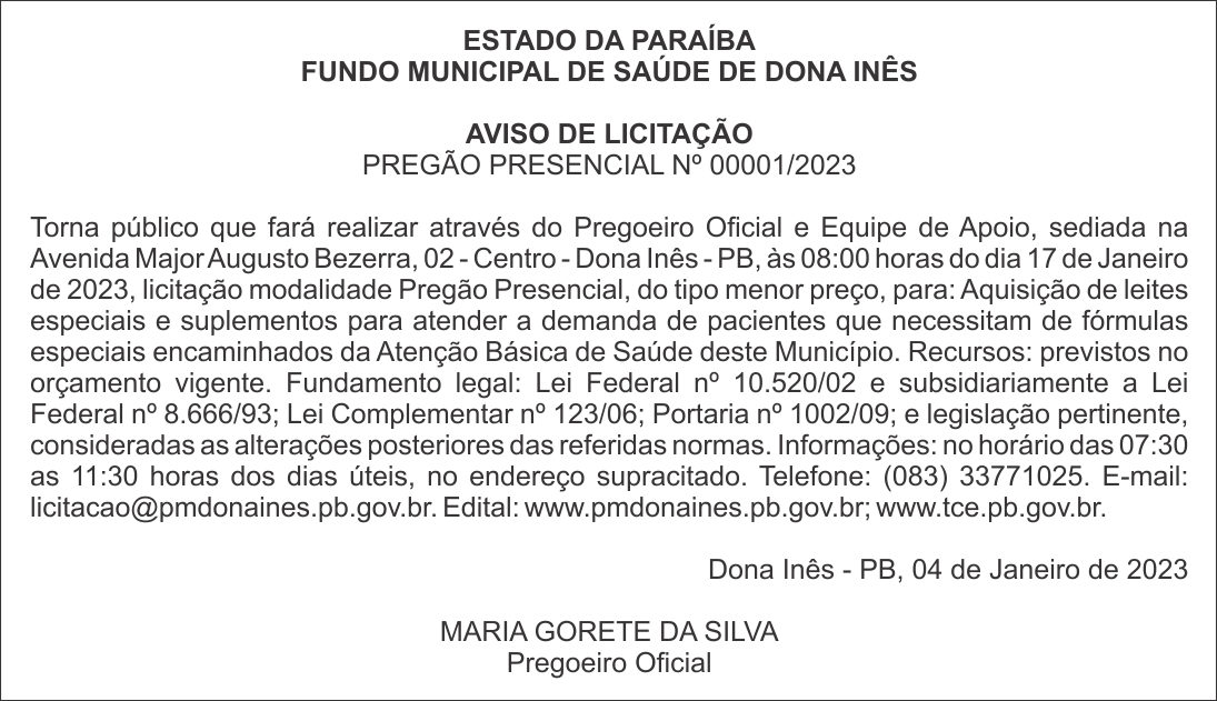 FUNDO MUNICIPAL DE SAÚDE DE DONA INÊS – AVISO DE LICITAÇÃO – PREGÃO PRESENCIAL Nº 00001/2023