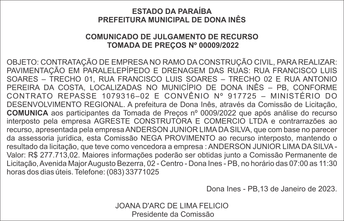 PREFEITURA MUNICIPAL DE DONA INÊS – COMUNICADO DE JULGAMENTO DE RECURSO – TOMADA DE PREÇOS Nº 00009/2022