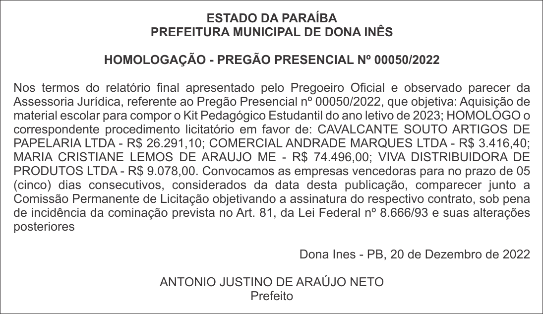 PREFEITURA MUNICIPAL DE DONA INÊS – HOMOLOGAÇÃO – PREGÃO PRESENCIAL Nº 00050/2022