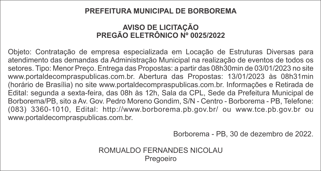 PREFEITURA MUNICIPAL DE BORBOREMA – AVISO DE LICITAÇÃO – PREGÃO ELETRÔNICO Nº 0025/2022