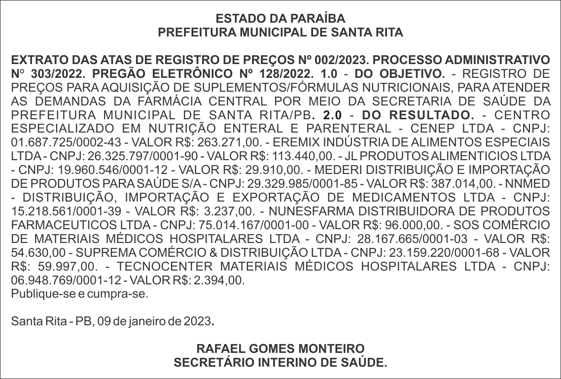 Prefeitura Municipal De Santa Rita Extrato Das Atas De Registro De Pre Os N