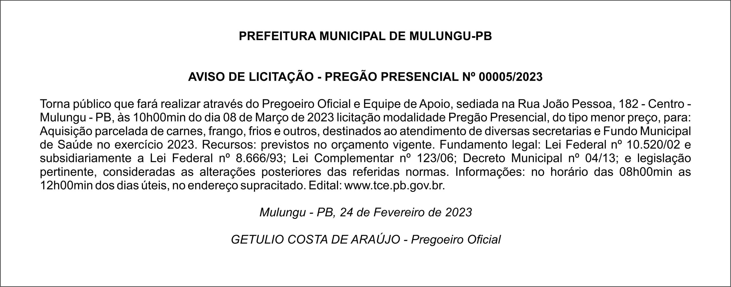 Prefeitura Municipal De Mulungu Pb Aviso De LicitaÇÃo PregÃo Presencial Nº 000052023 0949