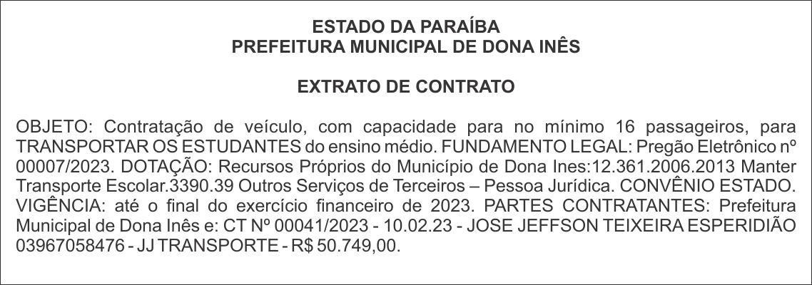PREFEITURA MUNICIPAL DE DONA INÊS – EXTRATO DE CONTRATO