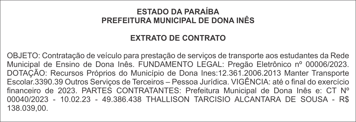 PREFEITURA MUNICIPAL DE DONA INÊS – EXTRATO DE CONTRATO