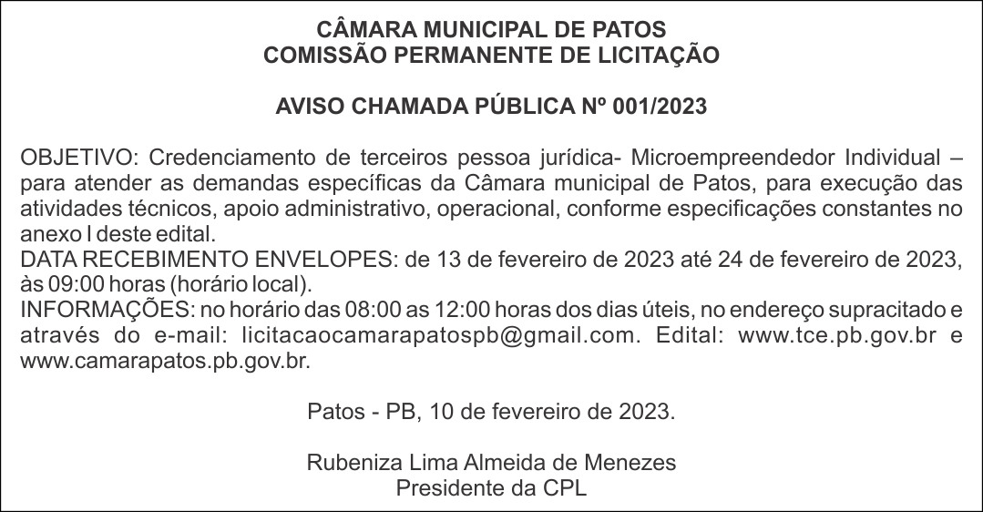CÂMARA MUNICIPAL DE PATOS – AVISO CHAMADA PÚBLICA Nº 001/2023