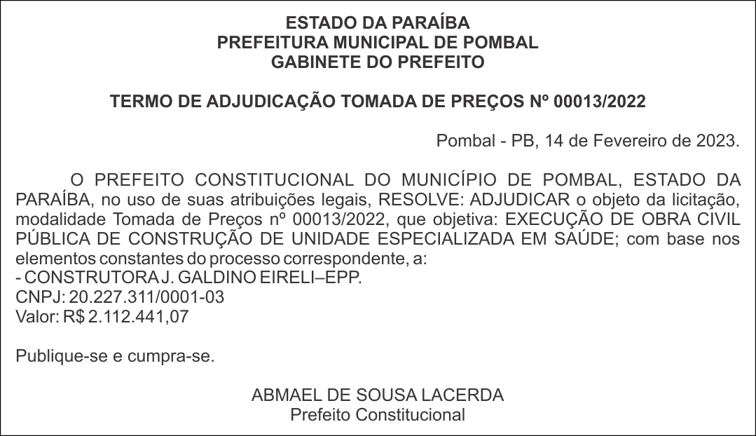 PREFEITURA MUNICIPAL DE POMBAL – TERMO DE ADJUDICAÇÃO – TOMADA DE PREÇOS Nº 00013/2022