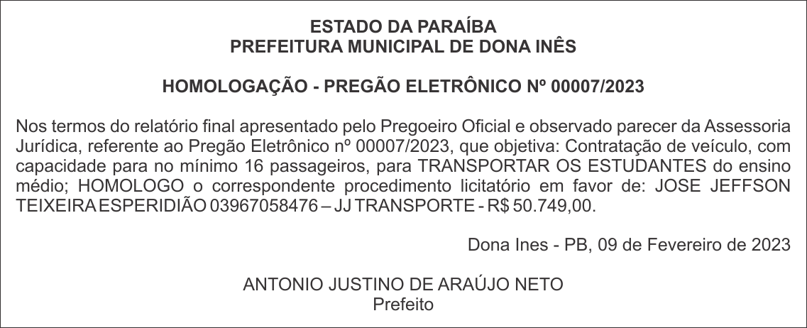 PREFEITURA MUNICIPAL DE DONA INÊS – HOMOLOGAÇÃO – PREGÃO ELETRÔNICO Nº 00007/2023